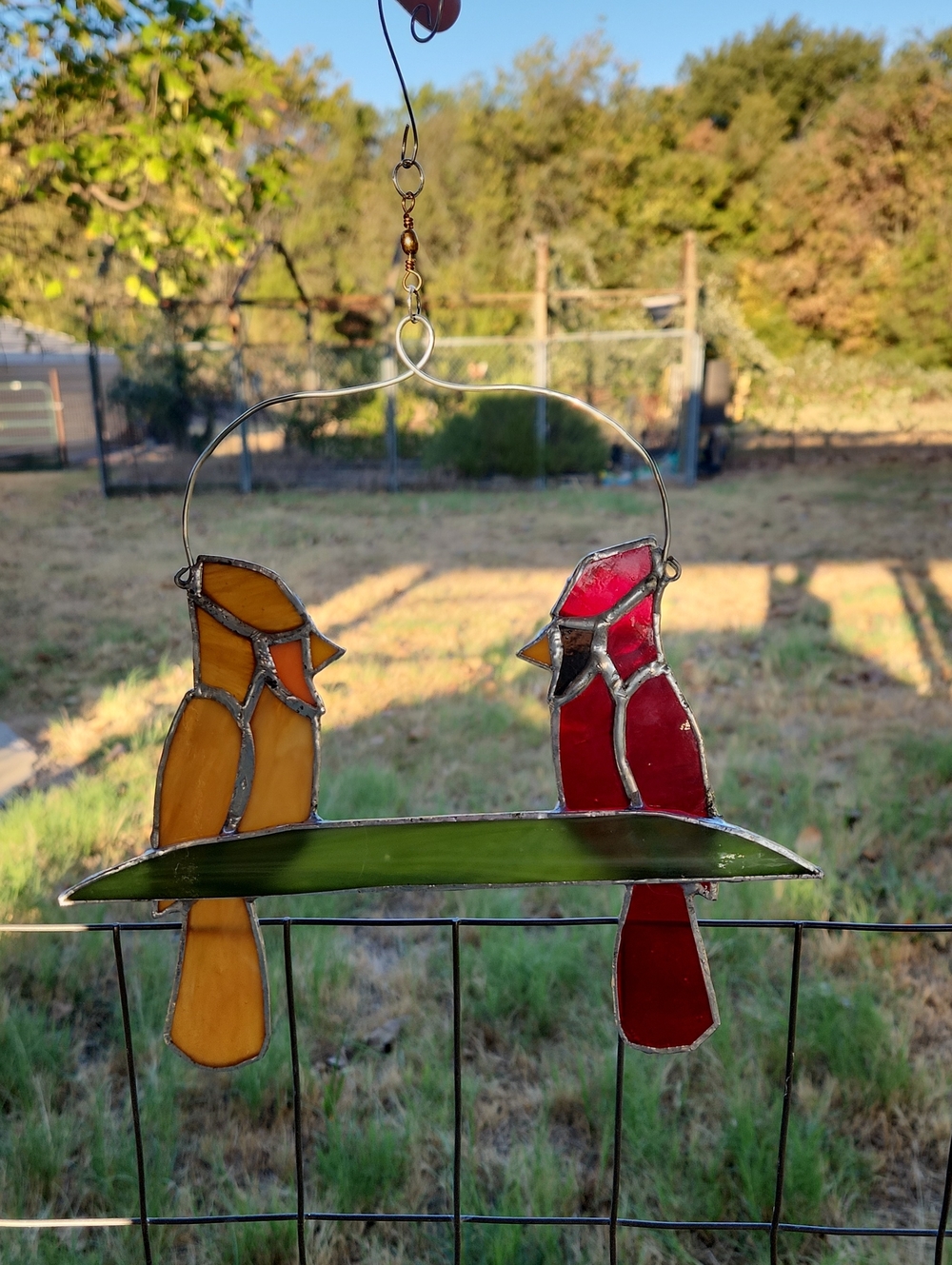 Stained Glass Cardinal & Finch Bird Suncatcher - Red and Brown